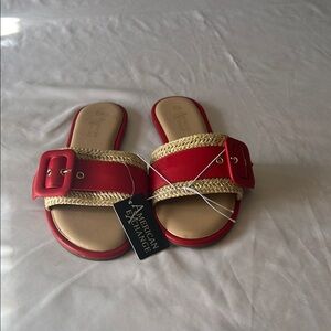 American Exchange Red and Tan Crisscross Sandals